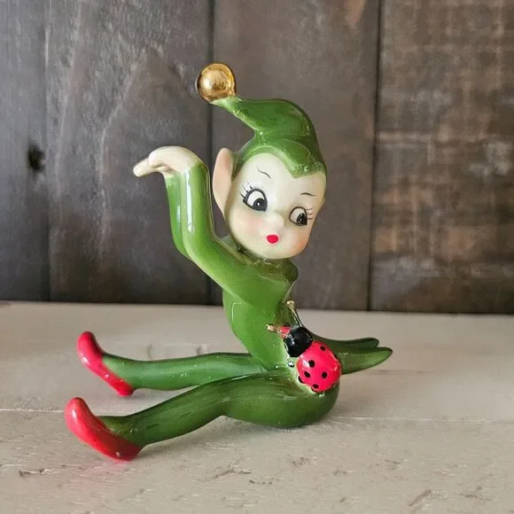 Vintage Josef Originals Pixie Figurine With Ladybug Green With Foil Sticker - Picture 6 of 7
